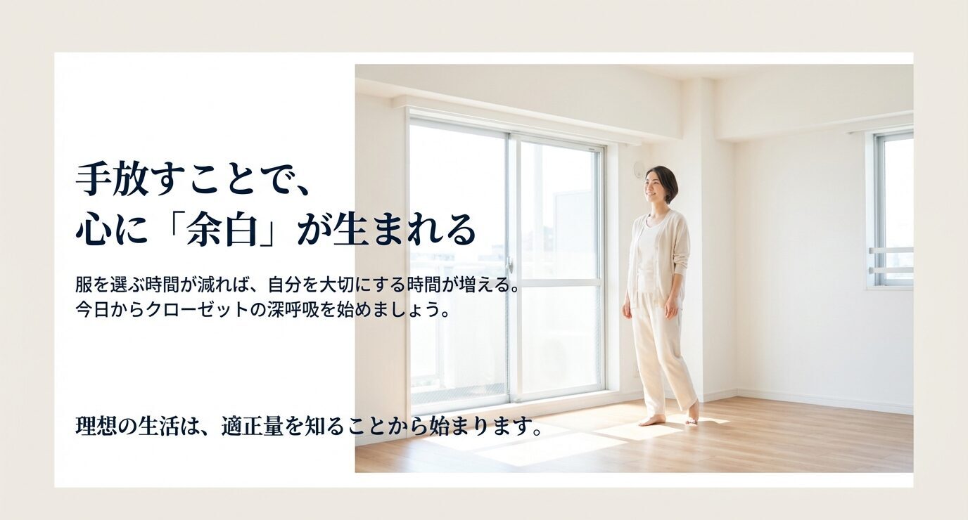 明るい部屋に立つ人物の写真。「手放すことで心に余白が生まれる」「服を選ぶ時間が減れば自分を大切にする時間が増える」「理想の生活は適正量を知ることから」といった締めのメッセージがある。
