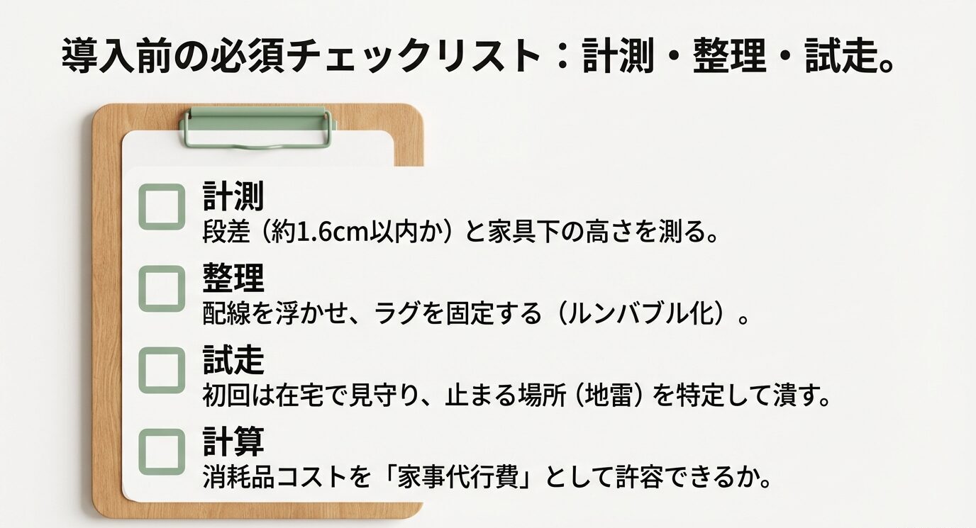 クリップボードのチェックリストに「計測(段差約1.6cm以内・家具下)」「整理(配線を浮かせ、ラグ固定)」「試走(止まる場所を特定)」「計算(消耗品コスト)」が並ぶスライド