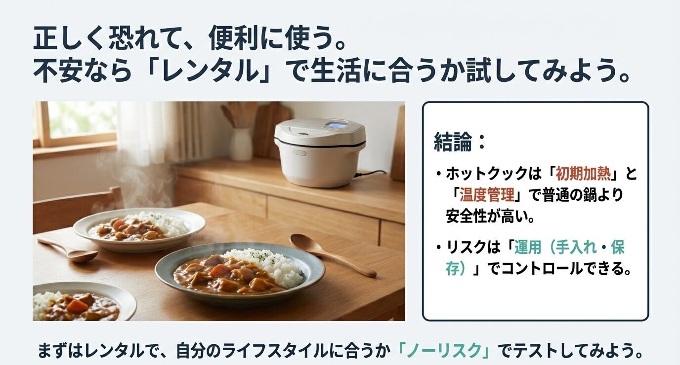 食卓の写真と、初期加熱+温度管理で安全性が高い/リスクは運用(手入れ・保存)で制御できる、という結論とレンタル提案。