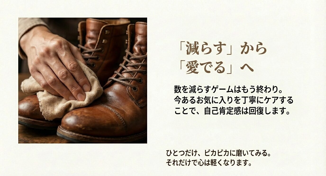 革靴を布で磨く手元の写真。「数を減らすゲームを終え、お気に入りを丁寧にケアすると自己肯定感が回復する」と伝える。