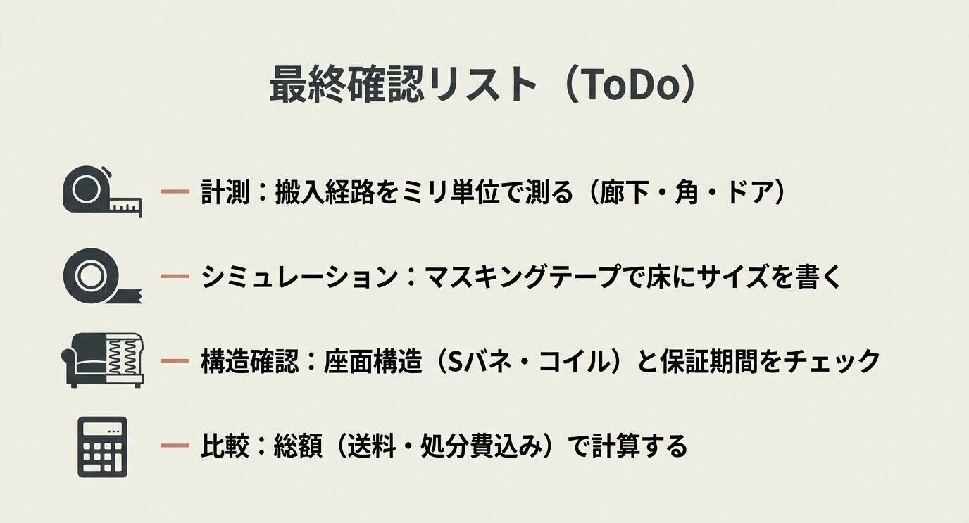 最終確認リストとして、①搬入経路をミリ単位で測る（廊下・角・ドア）②マスキングテープで床にサイズを再現③座面構造（Sバネ/コイル）と保証を確認④送料・処分費込みの総額で比較、の4項目をアイコン付きで並べた図。