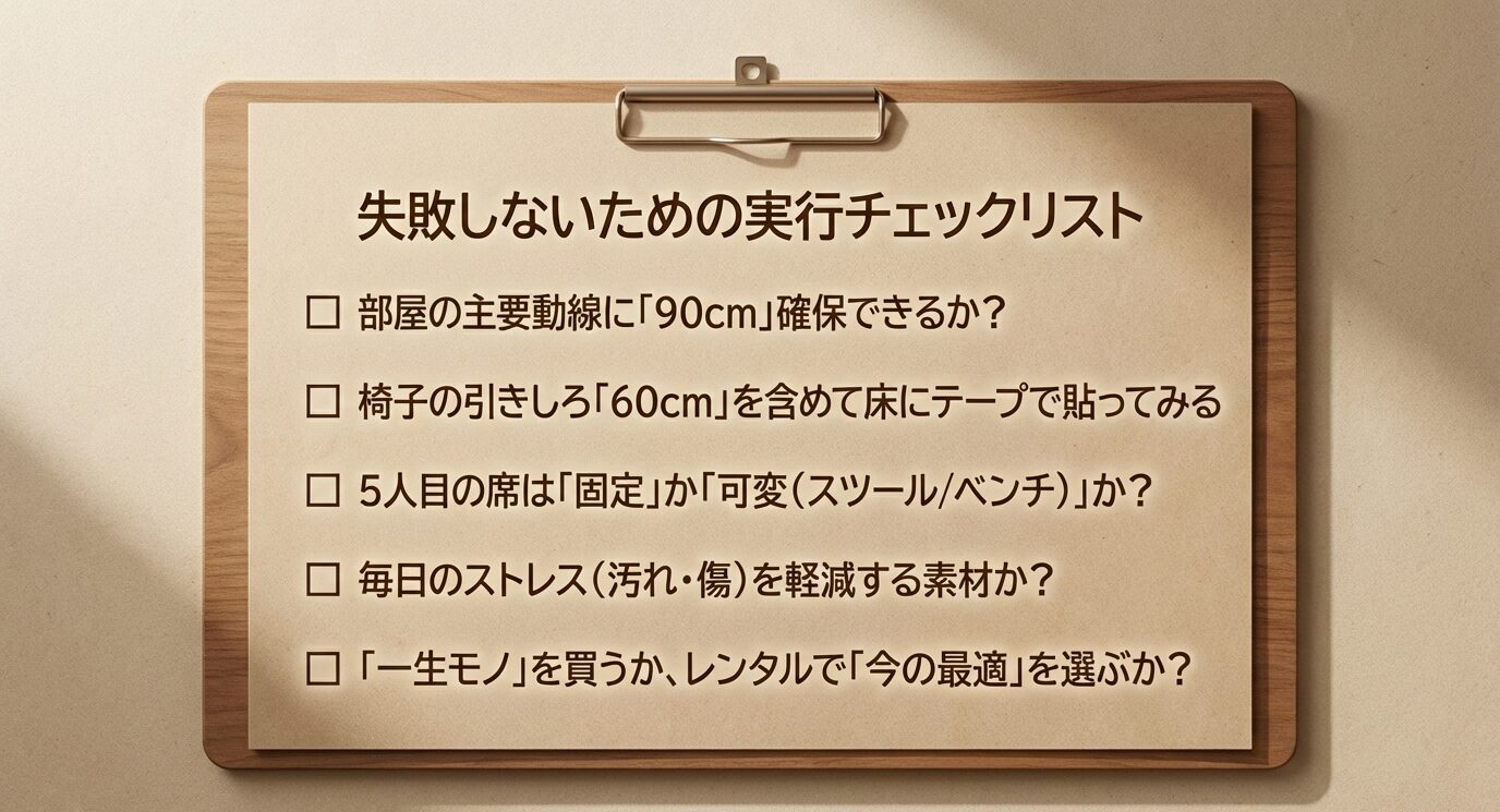 主要動線90cmの確保、椅子の引きしろ60cmのテープ検証、5人目席の固定/可変、素材選び、購入かレンタルかを確認するチェック項目。