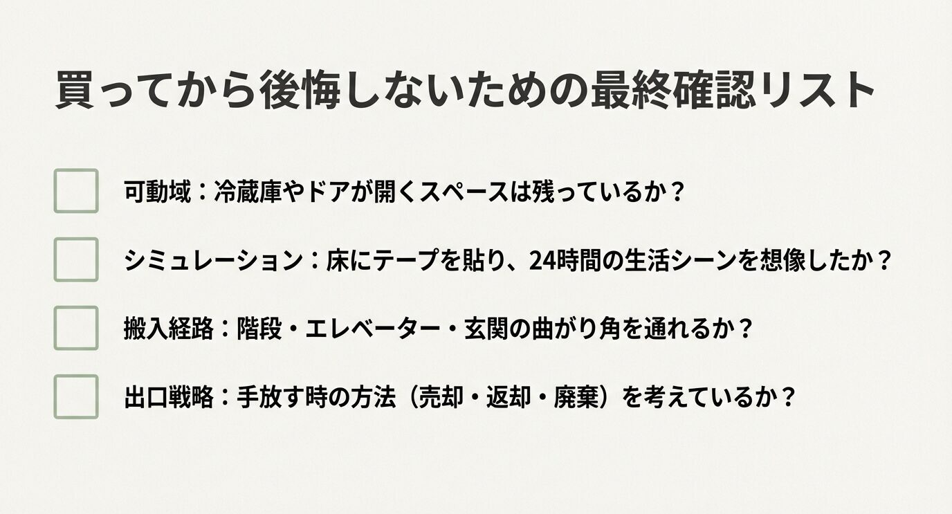 最終チェックの箇条書き。可動域(冷蔵庫・ドア)、床テープでのシミュレーション、搬入経路、出口戦略(売却・返却・廃棄)を確認する。