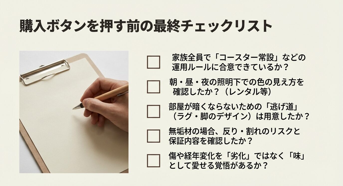 コースター常設の運用、朝昼夜の見え方確認、暗さ対策(逃げ道)、無垢の反り割れリスクと保証確認、傷や経年変化を味として許容できるか—などの確認項目が並ぶチェックリスト。