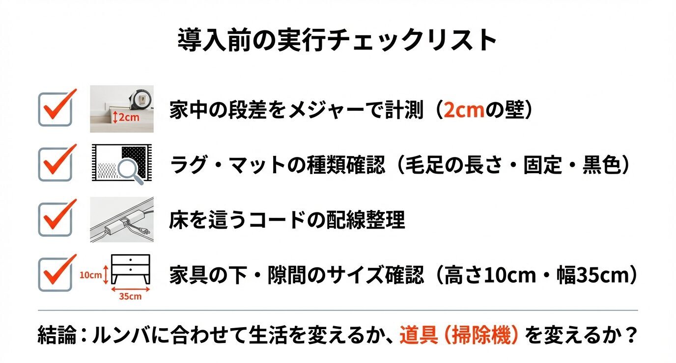 段差2cmの計測、ラグ・マットの種類確認、床を這う配線整理、家具下高さ10cmと通路幅35cmの確認など、導入前の点検項目を一覧化。