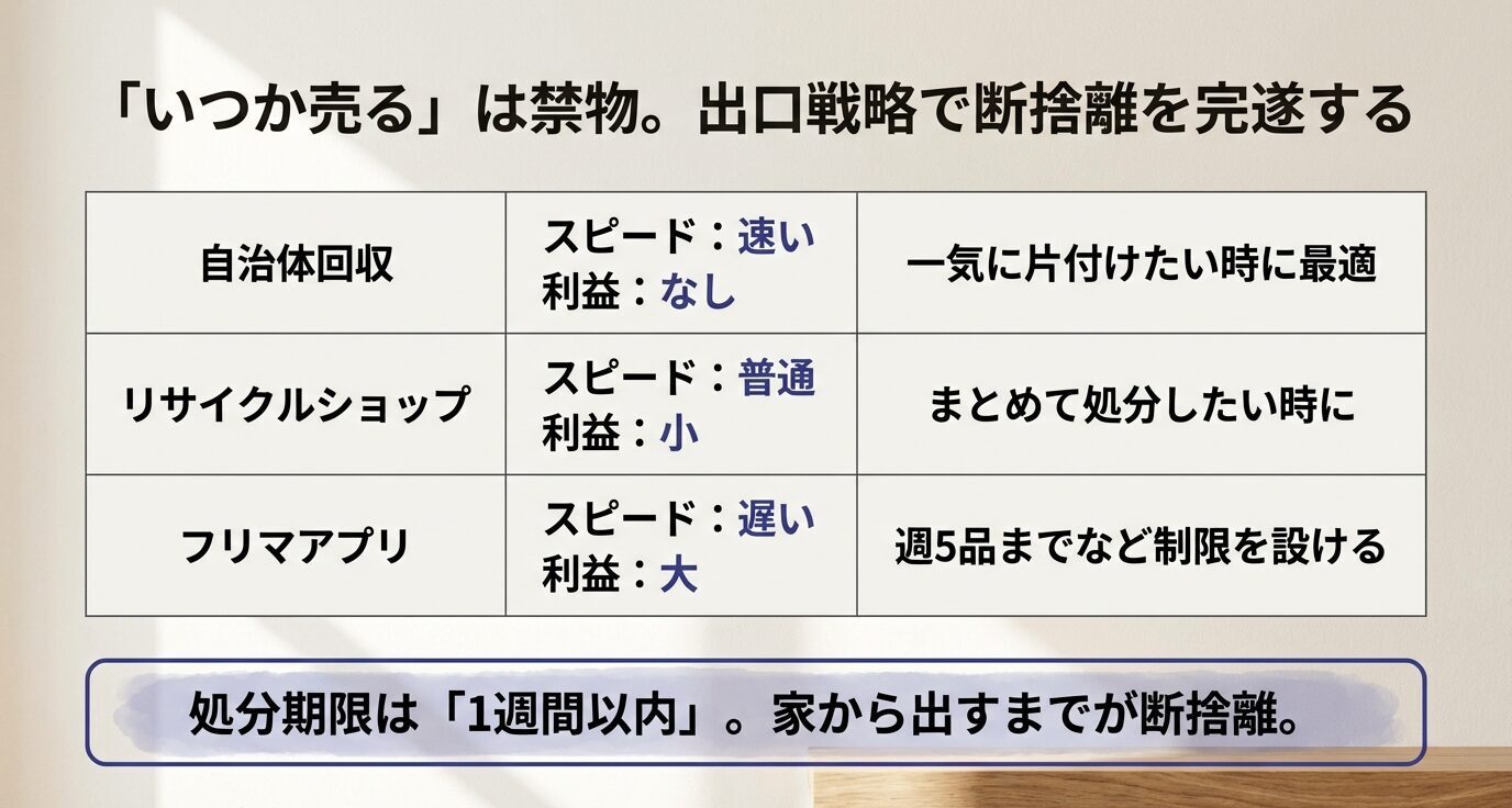 処分方法の比較。自治体回収は速いが利益なし、リサイクルショップは普通で利益小、フリマは遅いが利益大。処分期限は1週間以内、家から出すまでが断捨離。