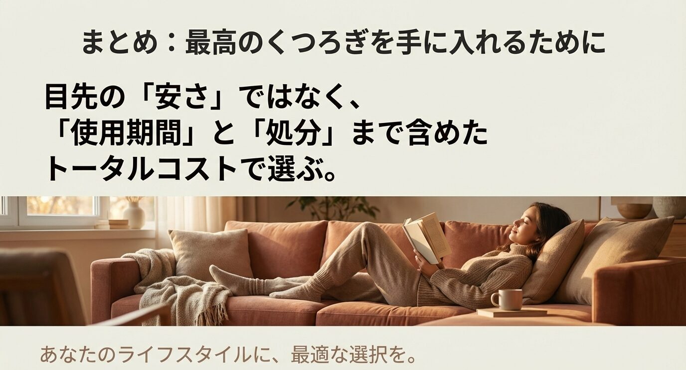 ソファーでくつろぐ人物写真の上に、「目先の安さではなく、使用期間と処分まで含めたトータルコストで選ぶ」と大きく提示し、「あなたのライフスタイルに最適な選択を」と締めるまとめスライド。