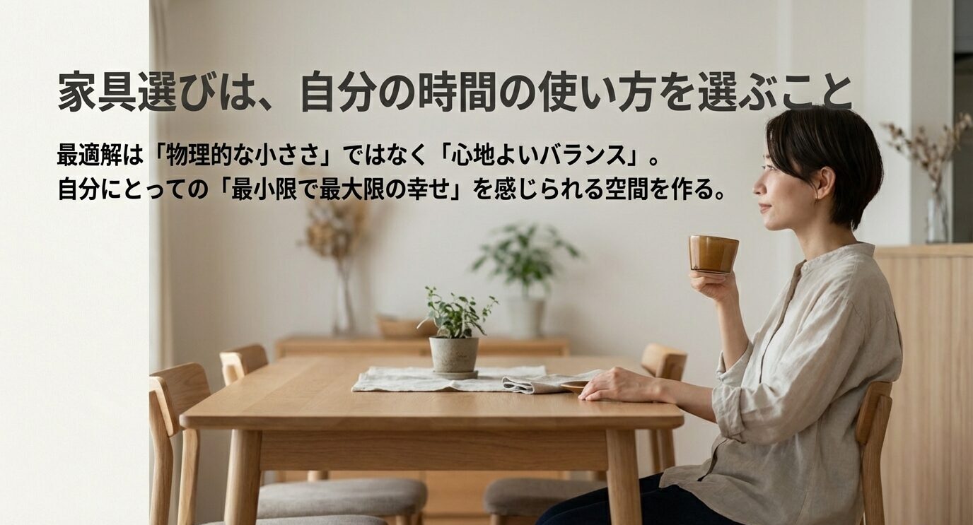 食卓の写真に「家具選びは、自分の時間の使い方を選ぶこと」というメッセージ。最適解は小ささではなく心地よいバランスで、最小限で最大限の幸せを目指す内容。