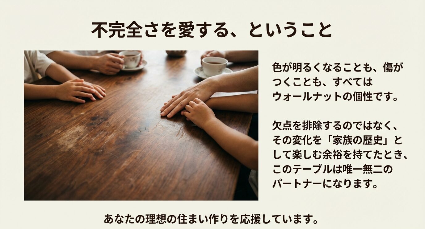 家族の手が写る天板写真と「不完全さを愛する」というメッセージ。色が明るくなることや傷もウォールナットの個性で、変化を家族の歴史として楽しむことを促す。