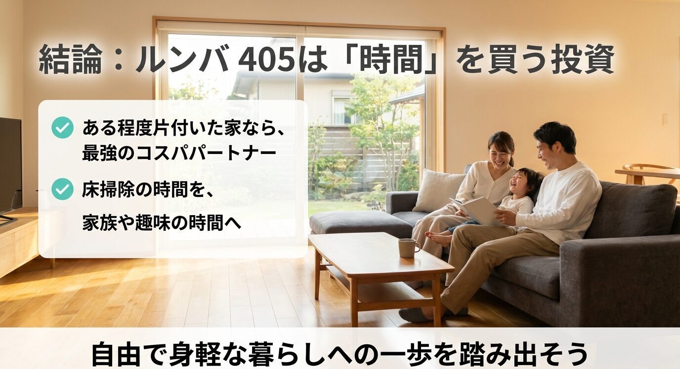 ルンバ405は時間を買う投資。ある程度片付いた家ならコスパ最強で、床掃除の時間を家族や趣味に回せるというメッセージ。