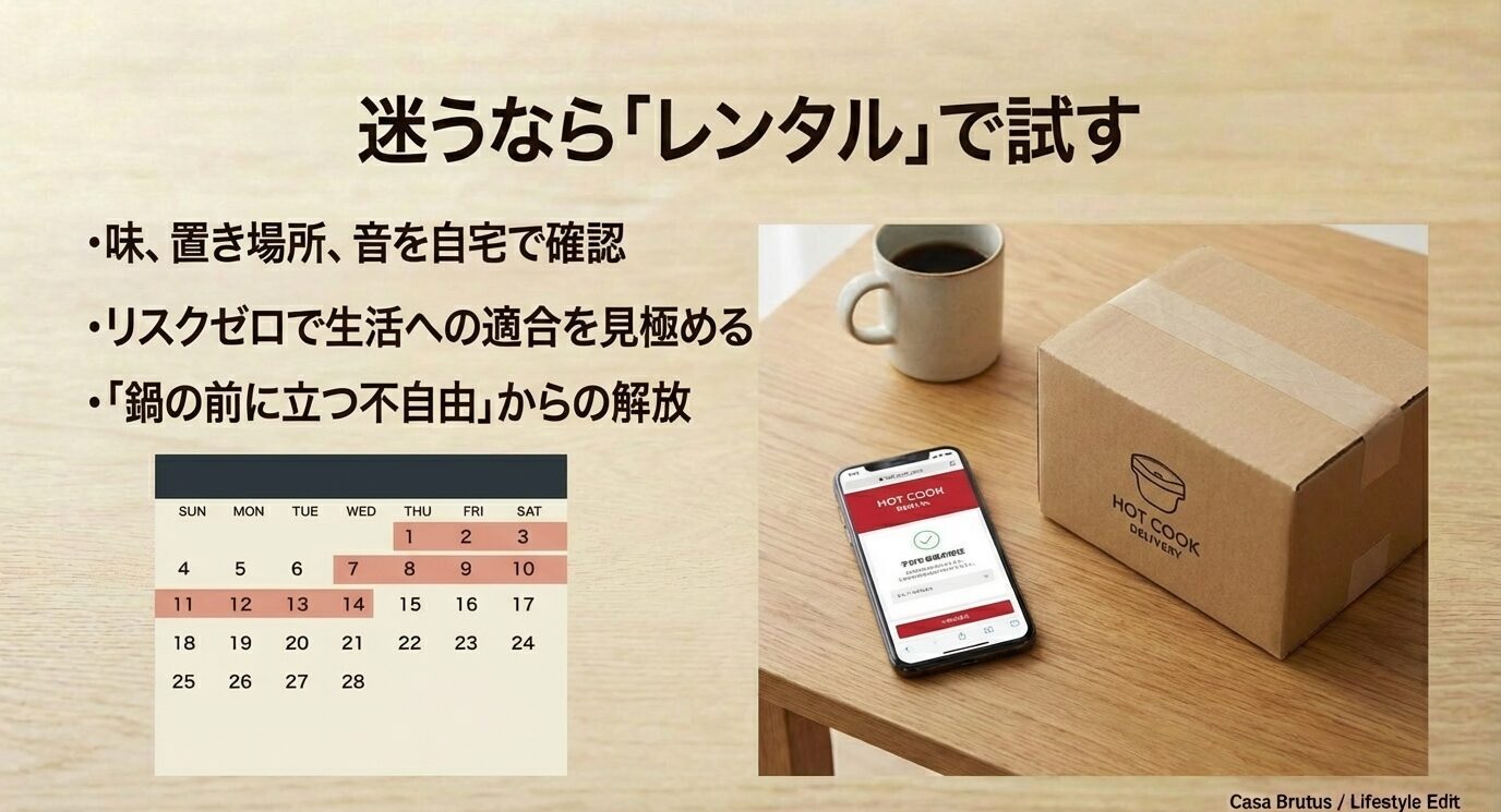 カレンダーとスマホ、配送箱の写真とともに、「味・置き場所・音を自宅で確認」「リスクゼロで適合を見極める」などが示されたスライド