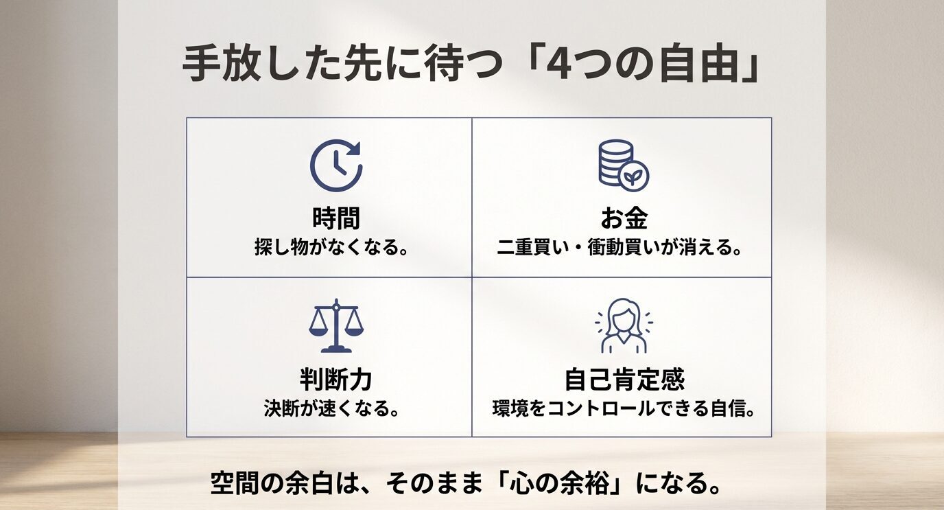 断捨離で得られる4つの自由。時間(探し物がなくなる)、お金(二重買い・衝動買い減)、判断力(決断が速くなる)、自己肯定感(環境をコントロールできる自信)。空間の余白は心の余裕。