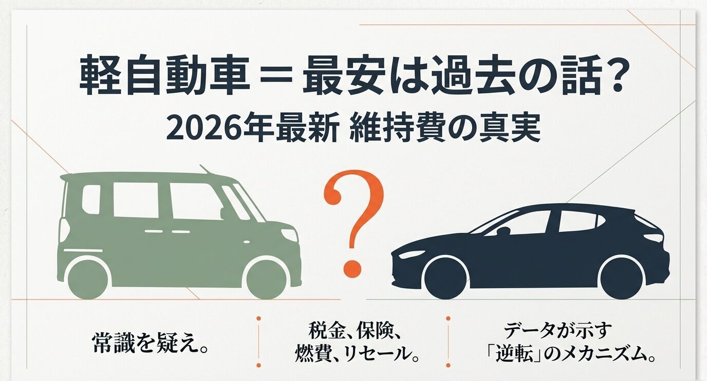 軽自動車と普通車のシルエットと「軽自動車＝最安は過去の話？ 2026年最新 維持費の真実」という表紙スライド。税金・保険・燃費・リセールの逆転を示唆。