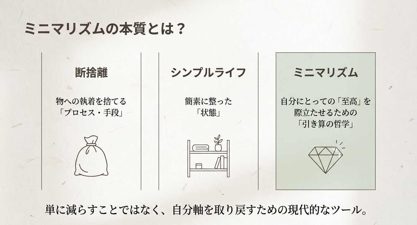 断捨離＝執着を捨てるプロセス、シンプルライフ＝簡素に整った状態、ミニマリズム＝「至高」を際立たせる引き算の哲学、を並べた比較スライド。