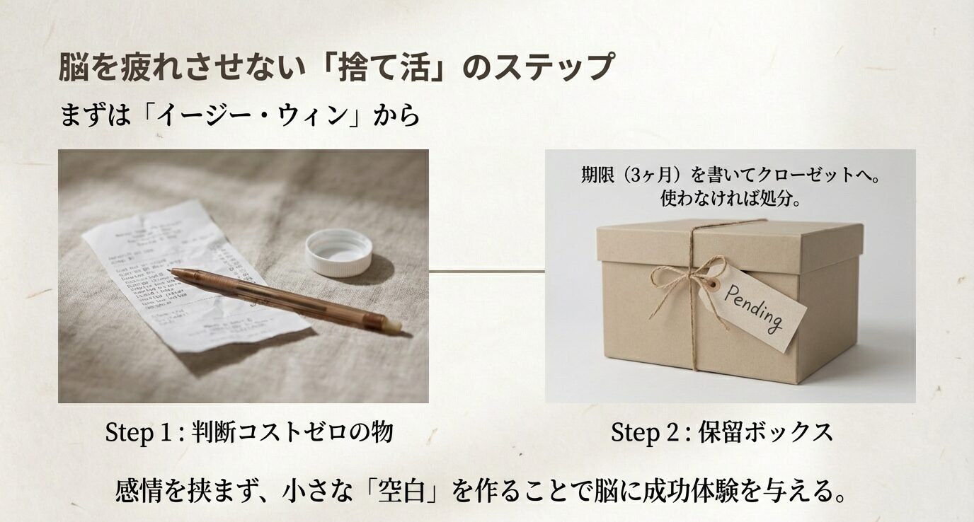 捨て活の2ステップ図。Step1「判断コストゼロの物」、Step2「期限（3ヶ月）を書いた保留ボックス」で小さな空白を作る内容。
