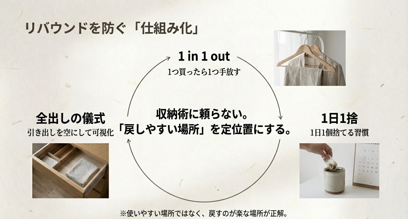 リバウンド防止の循環図。全出しの儀式、1in1out、1日1捨に加え、「戻しやすい場所」を定位置にする要点がまとまったスライド。