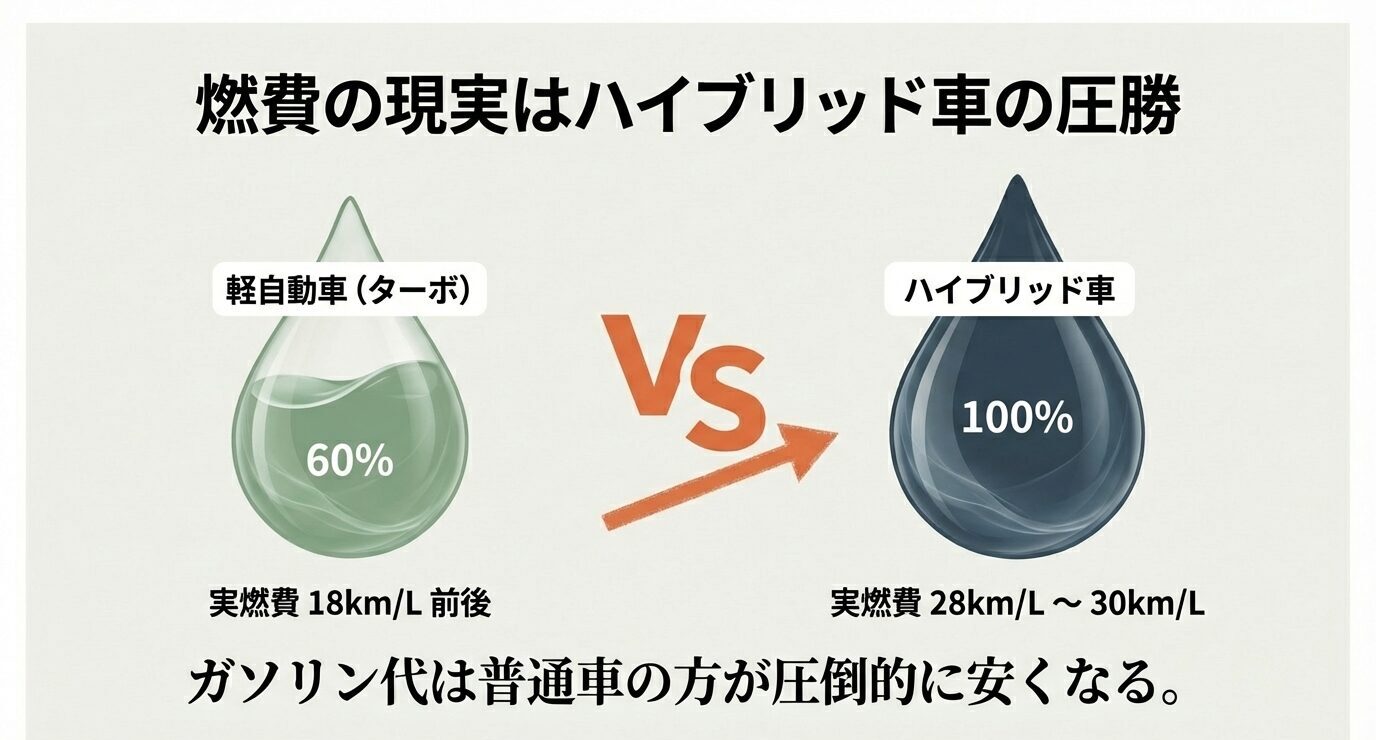 軽（ターボ）実燃費18km/L前後と、ハイブリッド実燃費28〜30km/Lを対比し、ガソリン代は普通車HVが有利と示す。