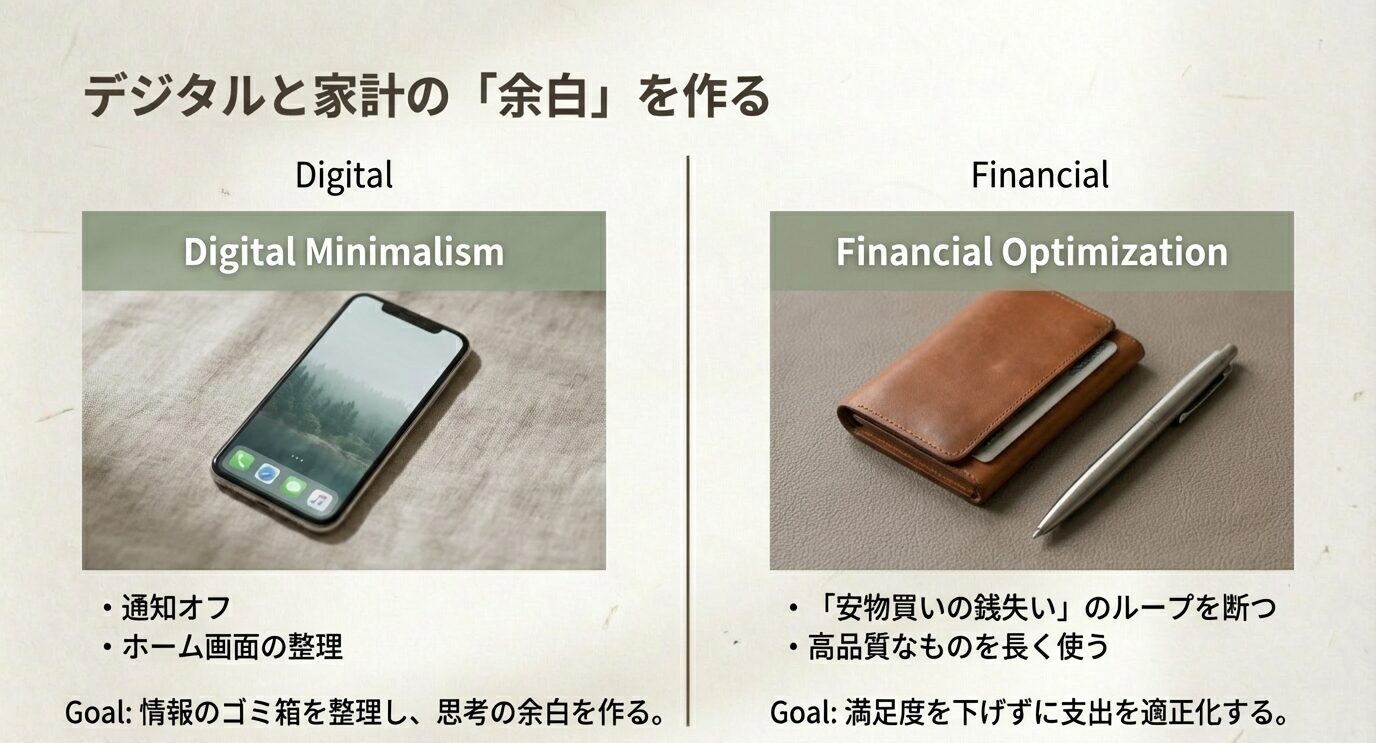 左にスマホでデジタルミニマリズム（通知オフ・ホーム画面整理）、右に財布で家計最適化（安物買いループ断ち・高品質を長く使う）を示すスライド。