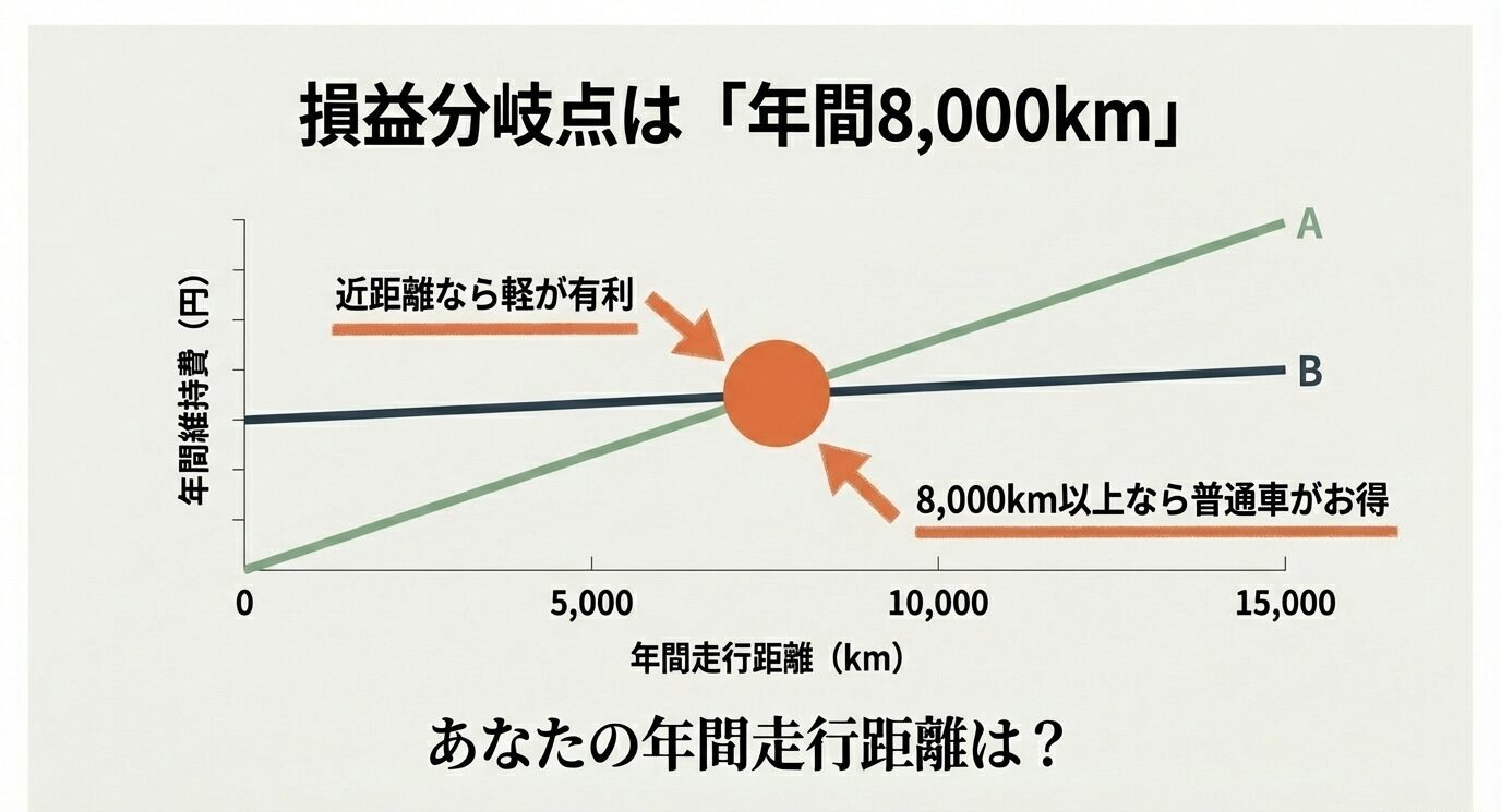 年間走行距離と年間維持費の関係を示すグラフ。8,000km付近で交差し、近距離は軽が有利、8,000km以上は普通車が有利と示す。
