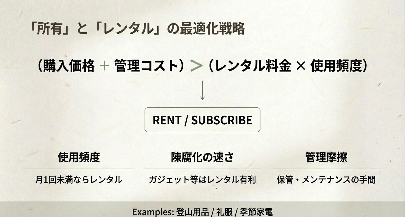 購入価格＋管理コストとレンタル料金×使用頻度を比較し、使用頻度・陳腐化の速さ・管理摩擦の3軸でRENT/SUBSCRIBEを判断するスライド。