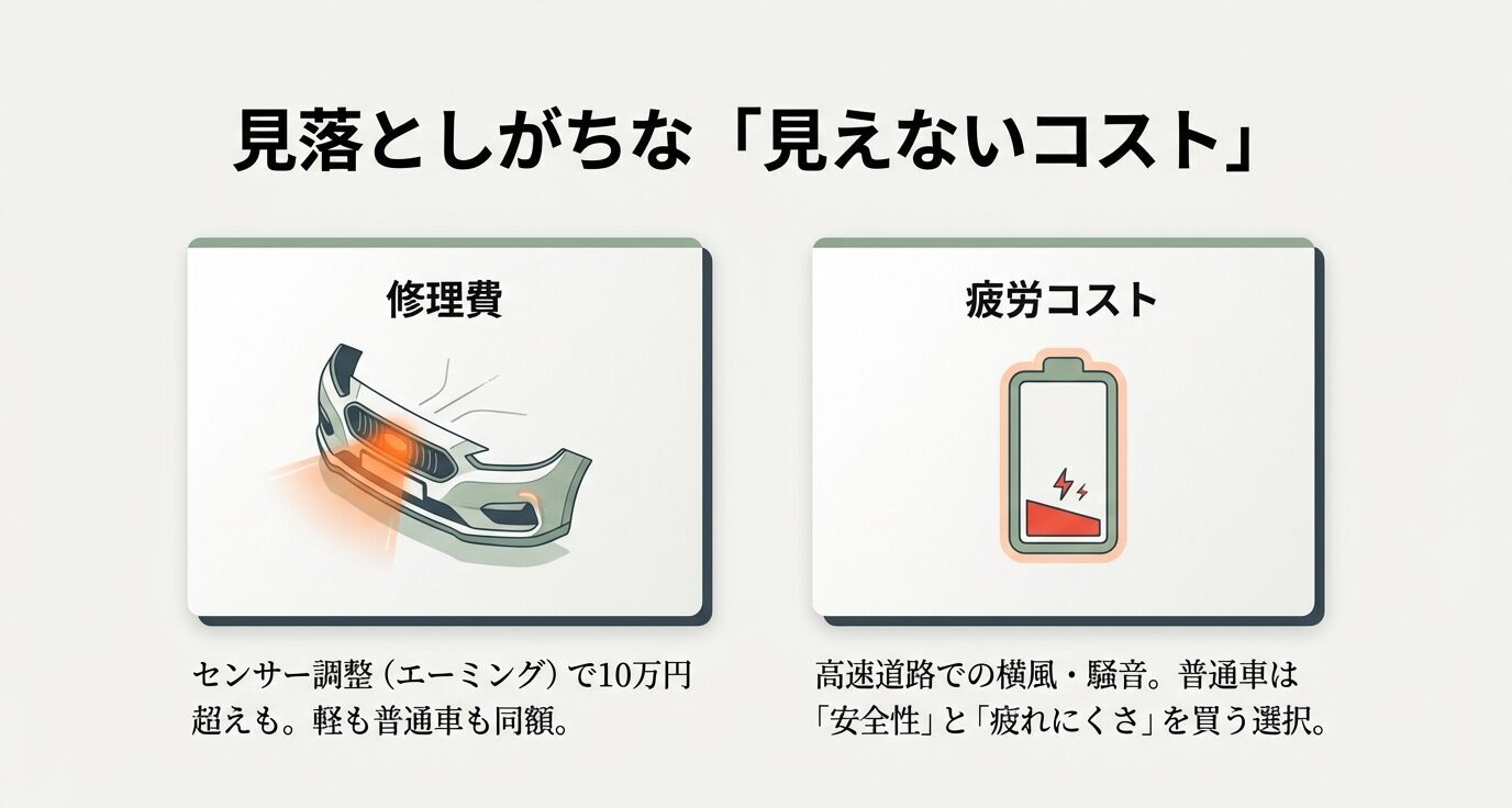 見落としがちなコストとして、修理費（エーミングで10万円超えも、軽も普通車も同額）と疲労コスト（横風・騒音、普通車は安全性と疲れにくさ）を示す。