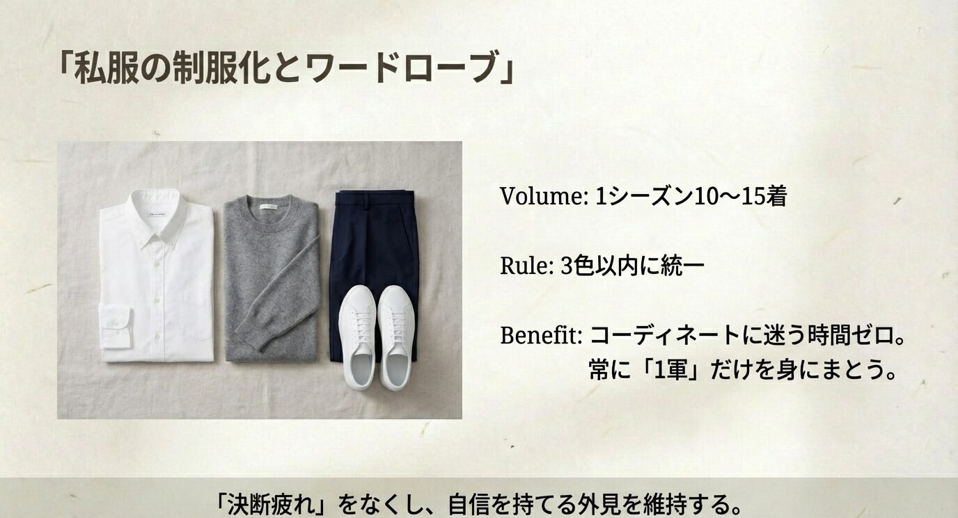 制服化ワードローブの要点。1シーズン10〜15着、色は3色以内、迷う時間ゼロで常に「1軍」だけを身にまとうメリットを示すスライド。
