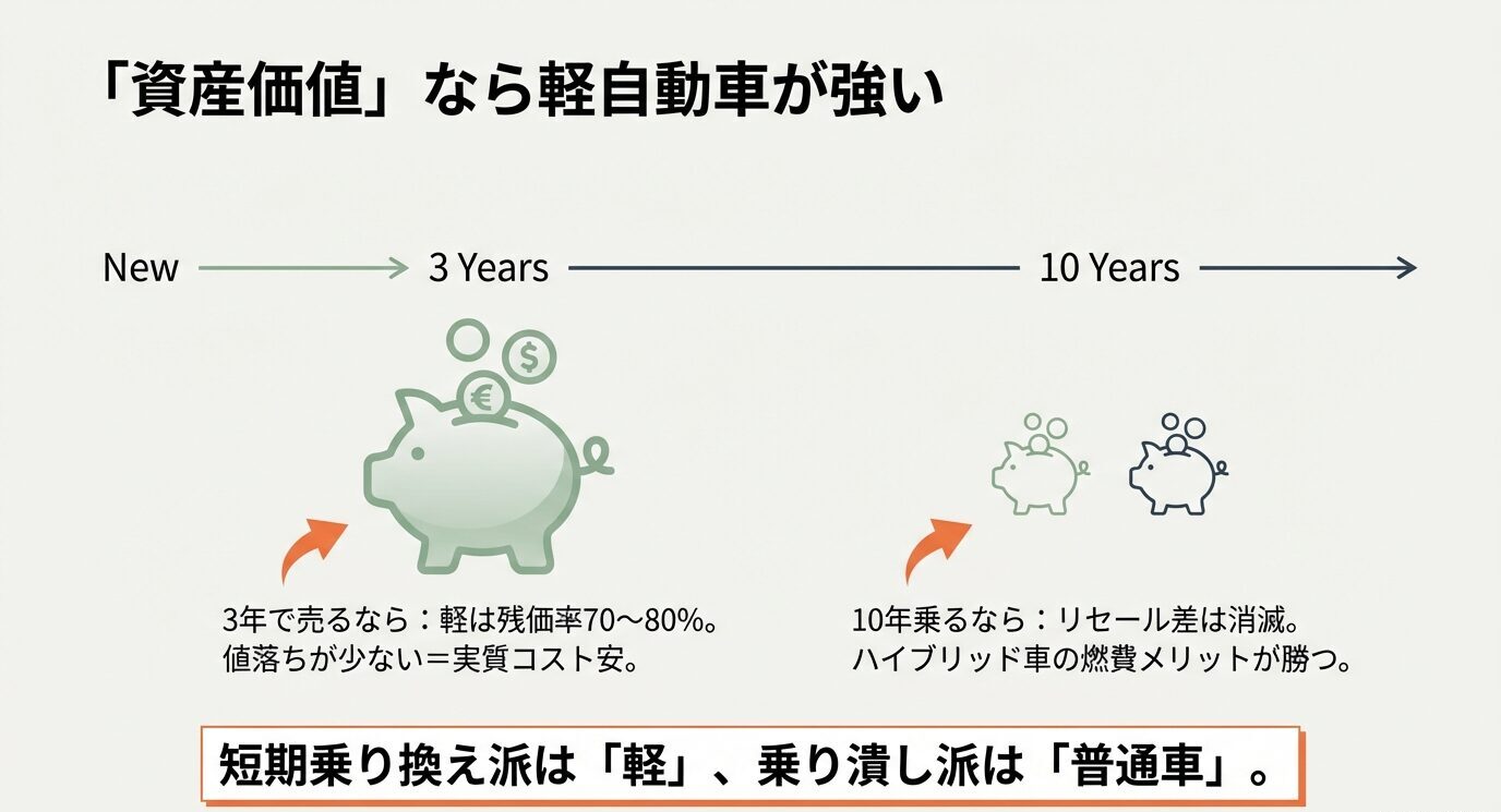 3年で売るなら軽は残価率70〜80%で実質コストが低い、10年乗るならリセール差が縮みHV燃費メリットが効く、という時間軸比較。