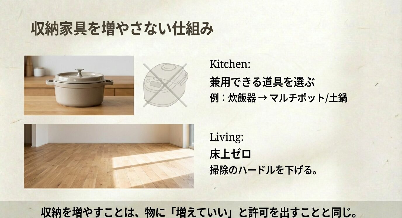 収納を増やさない考え方の図解。キッチンは兼用できる道具（炊飯器→マルチポット／土鍋）、リビングは床上ゼロで掃除をラクにする内容。