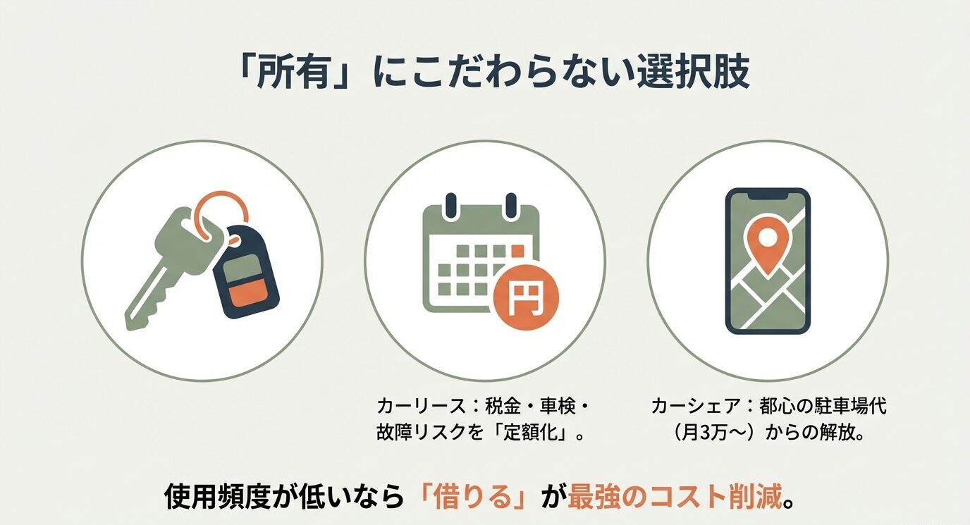 カーリースは税金・車検・故障リスクを定額化、カーシェアは都心の駐車場代（月3万〜）から解放、使用頻度が低いなら借りるのが強いと示す。