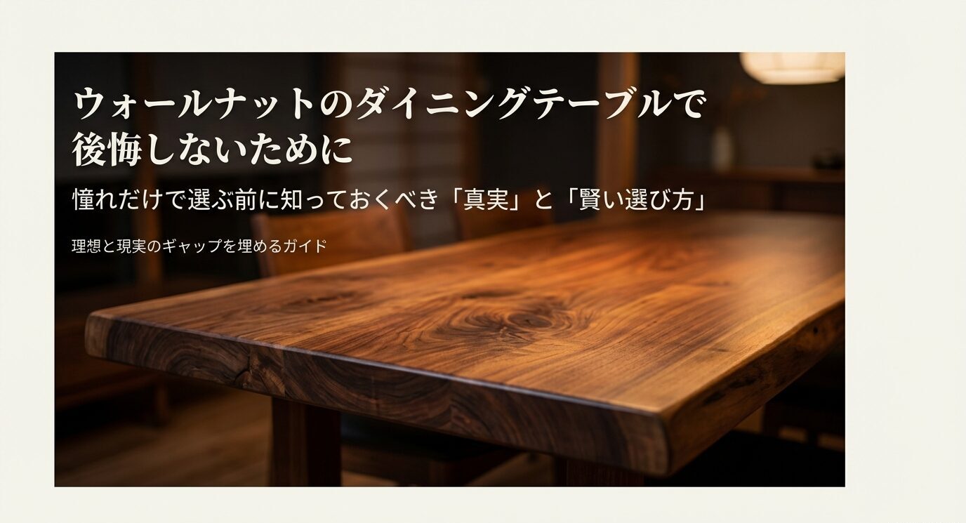 ウォールナット天板の写真と「ウォールナットのダイニングテーブルで後悔しないために」「憧れだけで選ぶ前に知っておくべき『真実』と『買い選び方』」という表紙タイトル。