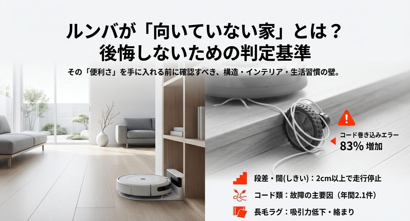 ルンバが向いていない家の判定テーマを示す表紙。段差2cm、コード巻き込み、長毛ラグなど「失敗の原因」を要点で提示。