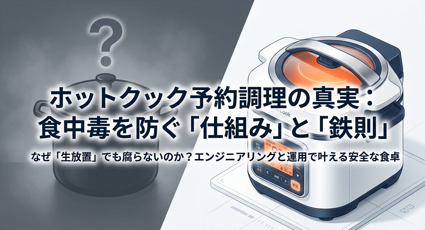 ホットクックのイラストと「予約調理の真実」という表紙。初期加熱と温度管理で安全にするテーマを示す。