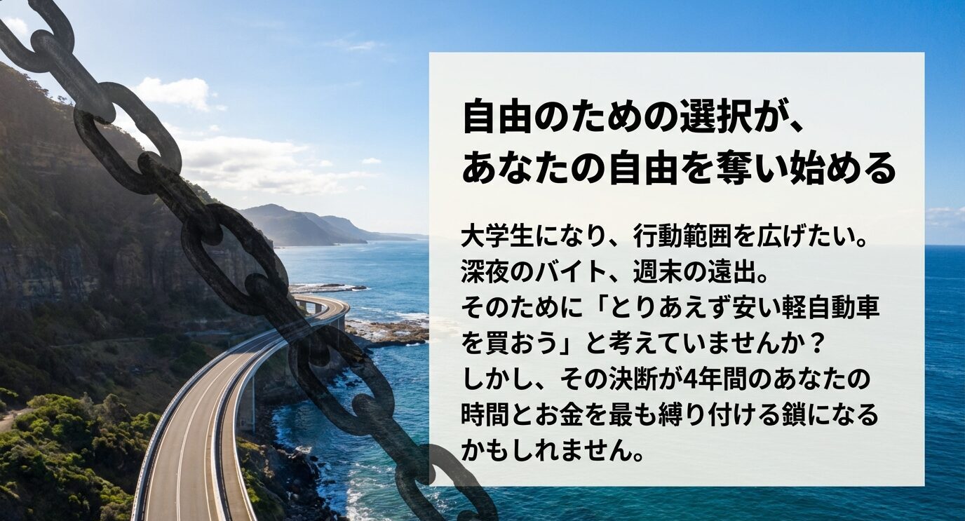 維持費を示す金額が重なる表紙。見出しは「大学生の『軽自動車』維持費の真実と、賢い選択肢」。
