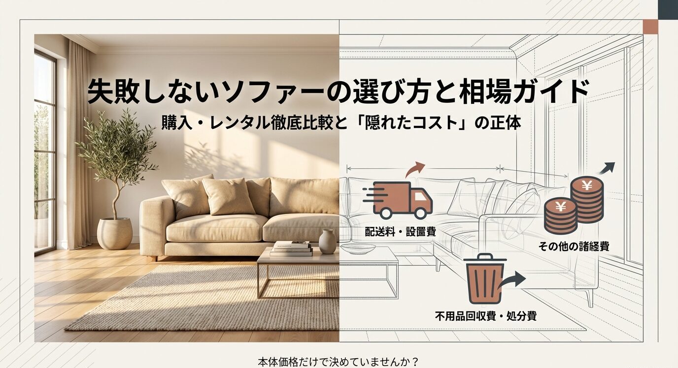 リビングのソファー写真と図面背景に、配送料・設置費、その他諸経費、不用品回収・処分費のアイコンを配置し「本体価格だけで決めていませんか？」と問いかける表紙スライド。