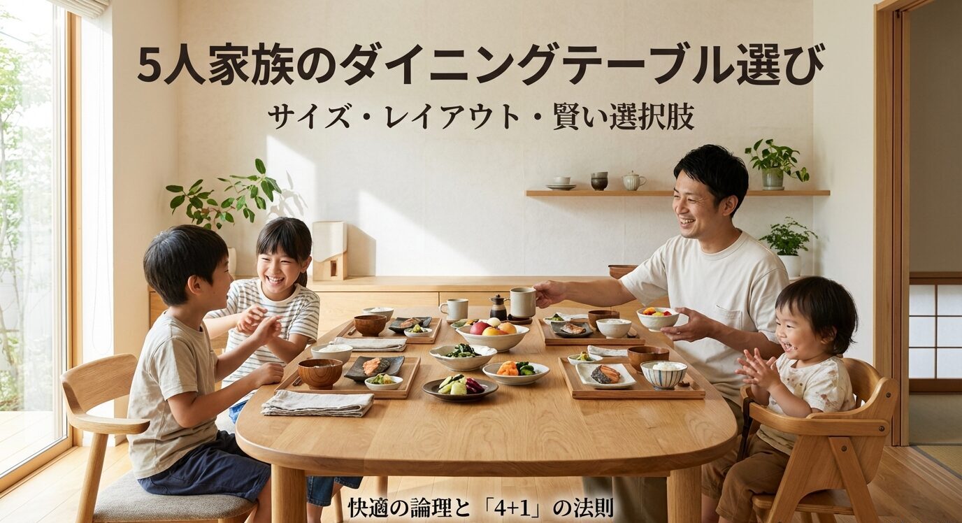 5人家族のダイニングテーブル選び（サイズ・レイアウト・賢い選択肢）の表紙。家族が食卓を囲む写真。