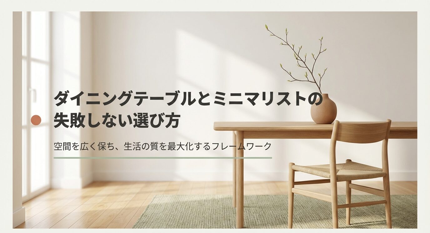 木製テーブルと椅子の写真に、タイトル「ダイニングテーブルとミニマリストの失敗しない選び方」と副題「空間を広く保ち、生活の質を最大化するフレームワーク」。