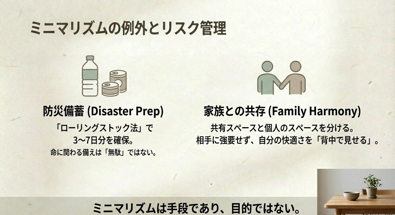 ミニマリズムの例外を示すスライド。防災備蓄はローリングストックで3〜7日分、家族とは共有／個人スペースを分けて背中で快適さを見せる方針。