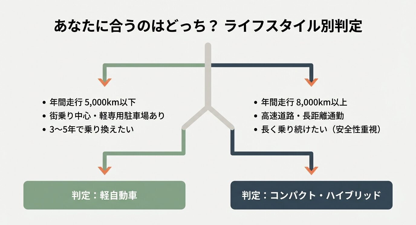 年間走行5,000km以下・街乗り・3〜5年で乗り換えなら軽、年間8,000km以上・高速/長距離・長く乗るならコンパクトHV、という分岐図。