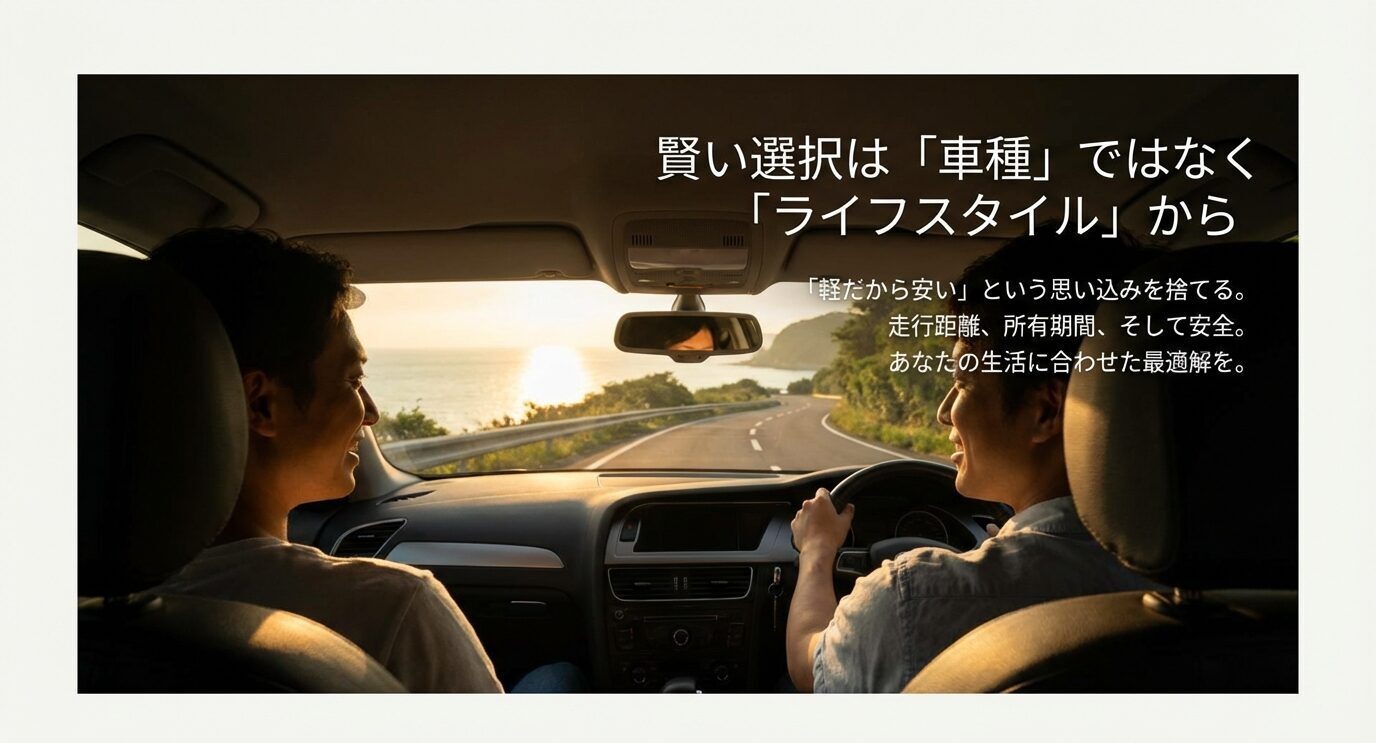 夕景の海沿い道路を走る車内写真に「賢い選択は車種ではなくライフスタイルから」と重ねた締めスライド。走行距離・所有期間・安全で選ぶ旨を示す。