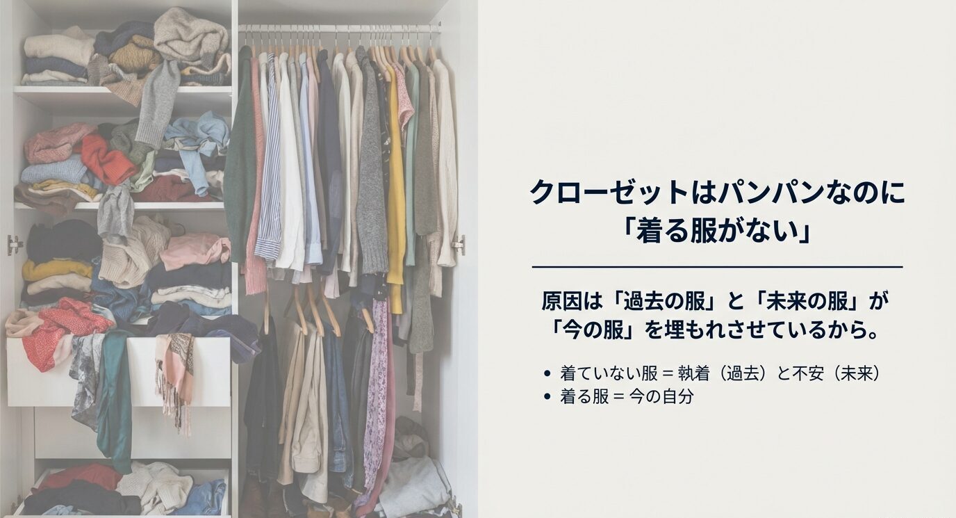 服が溢れたクローゼット写真と、「着る服がない」原因は「過去の服」と「未来の服」が「今の服」を埋もれさせるから、という説明がある。