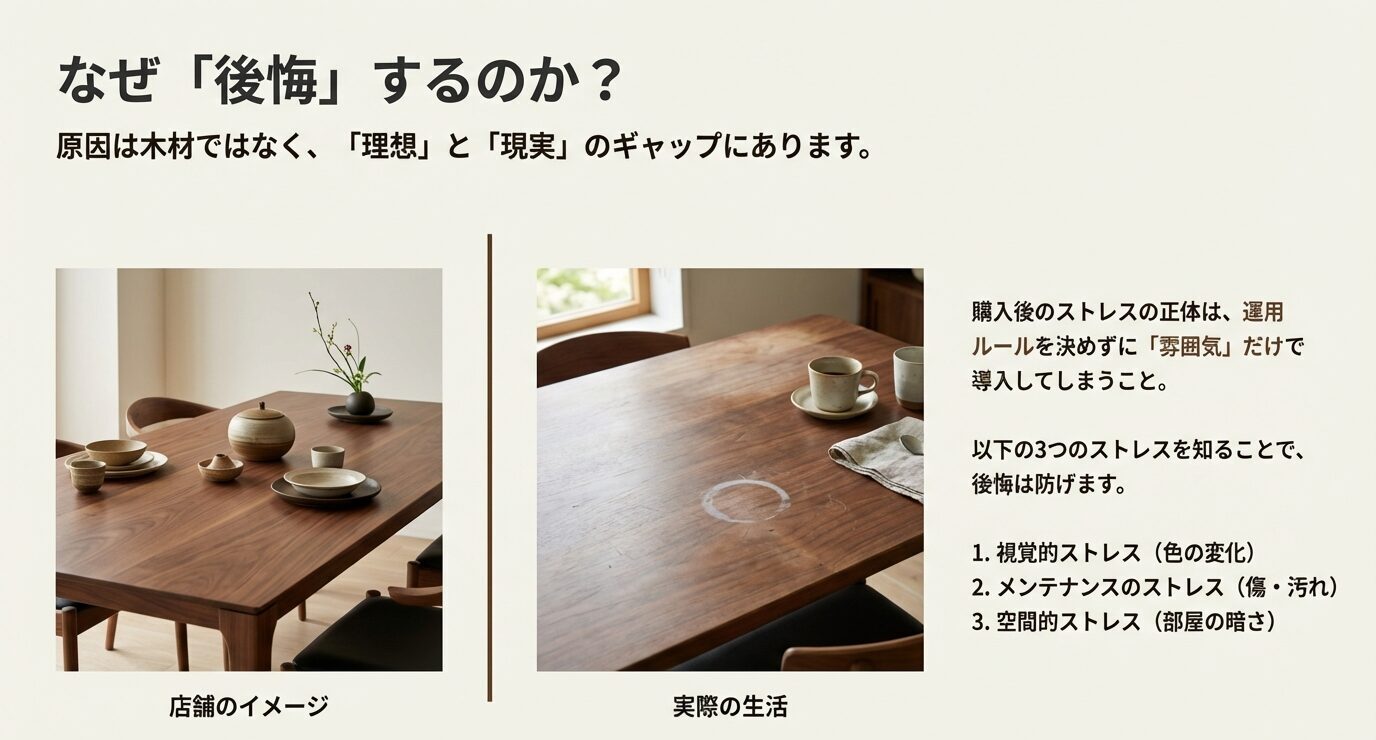 店舗のイメージ写真と、輪ジミのある実生活の写真を対比。「後悔の原因は理想と現実のギャップ」で、色の変化・傷や汚れ・部屋の暗さの3ストレスを示す。