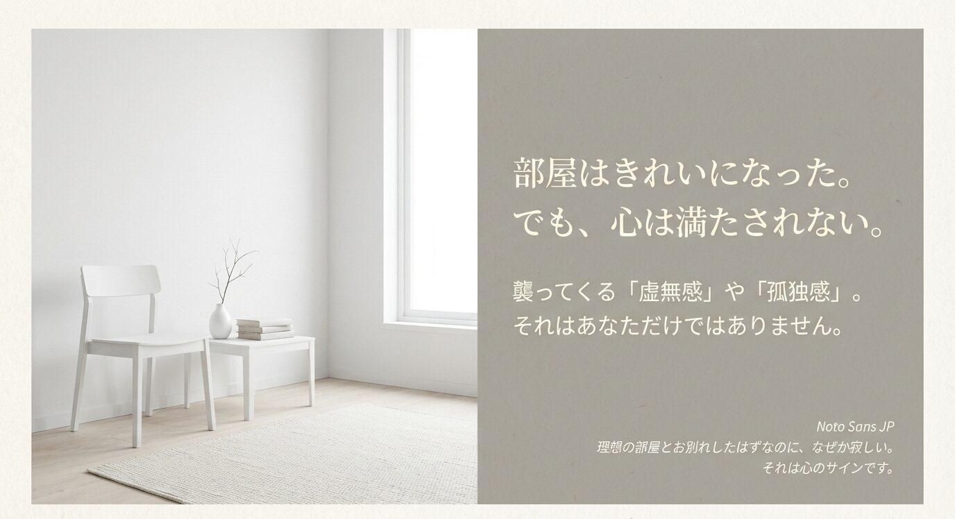 白い部屋の静かな写真と「部屋はきれいになった。でも心は満たされない。虚無感や孤独感はあなただけではない」というメッセージ。