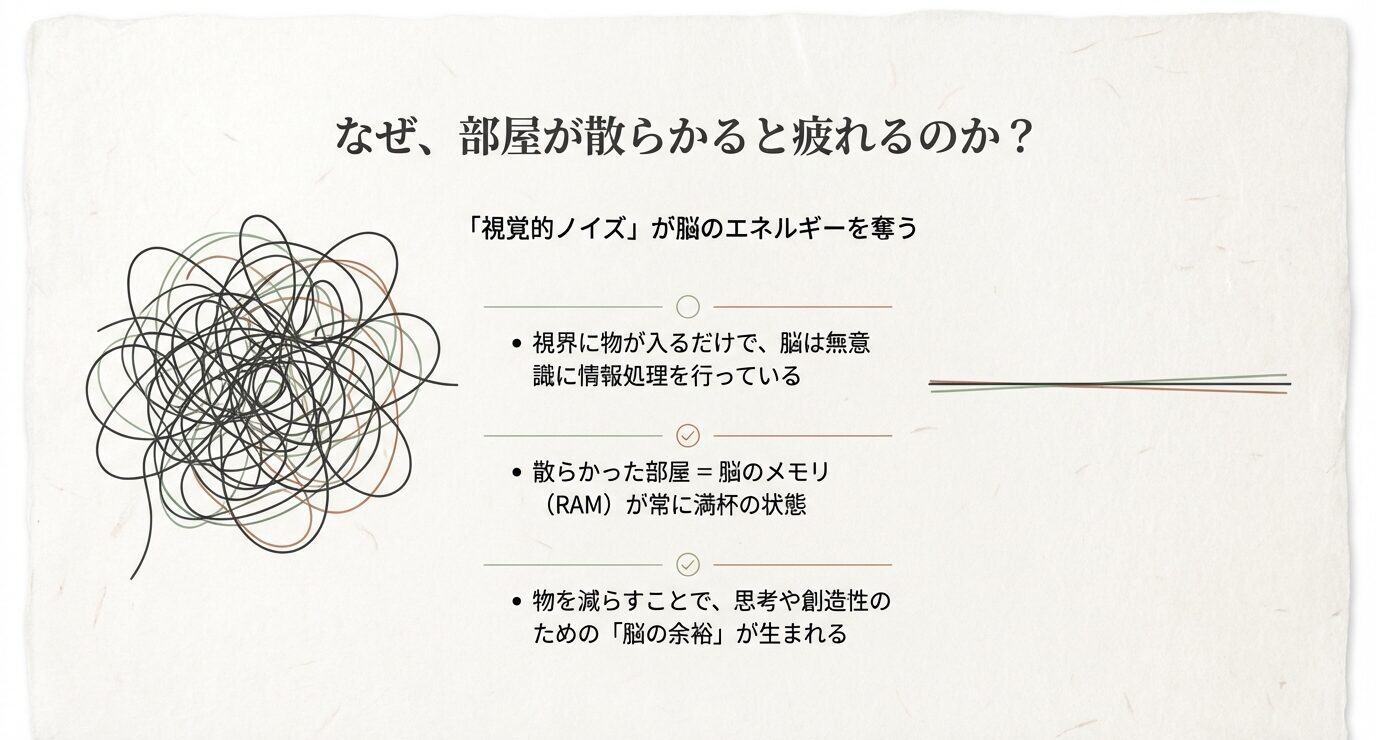 部屋が散らかると疲れる理由を解説。視覚的ノイズが脳のエネルギーを奪い、RAMが満杯になるイメージと要点の箇条書き。