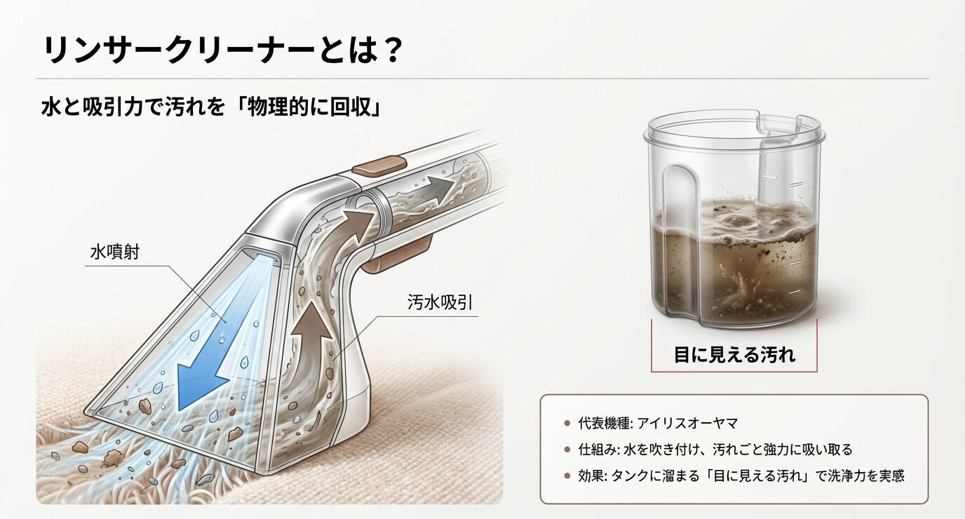 水を噴射して汚れを浮かせ、汚水を吸引して回収する仕組みの図。タンクに溜まる“目に見える汚れ”で洗浄力を実感できる説明。