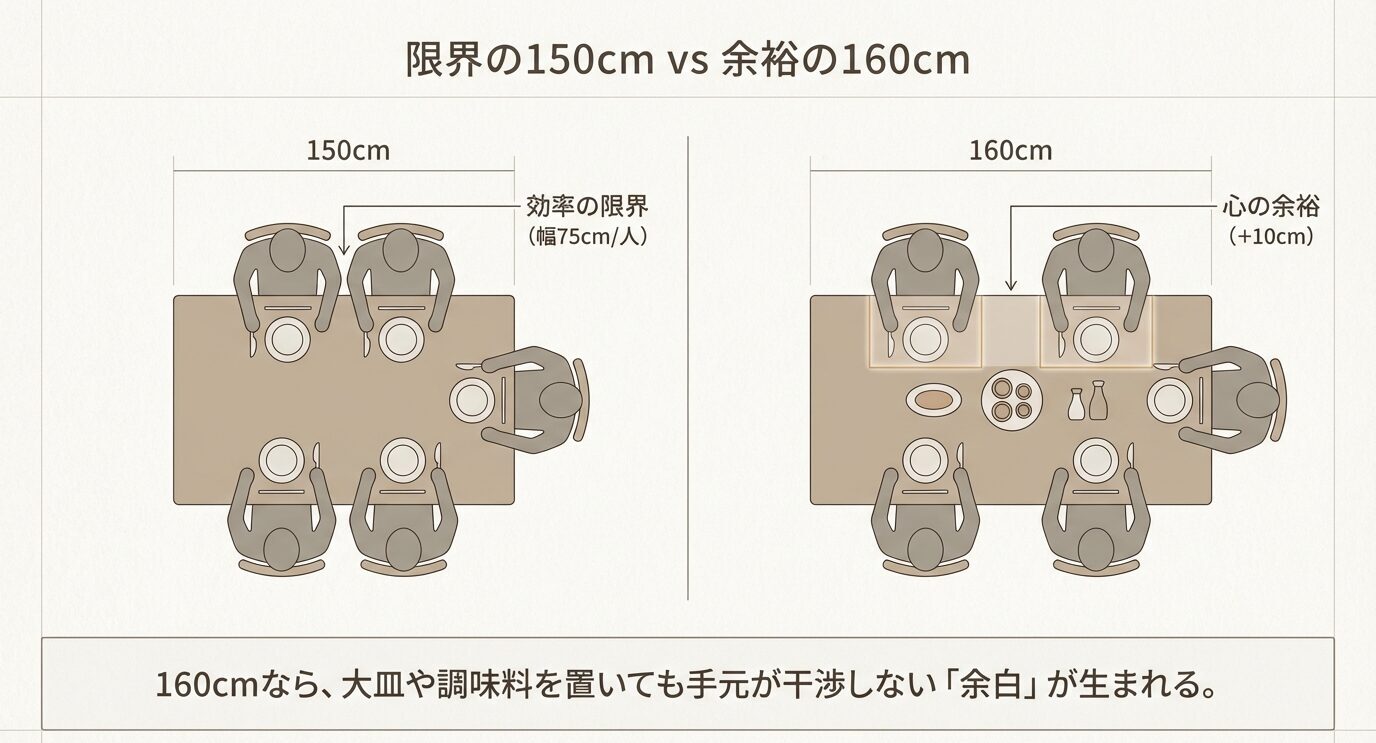 150cmは長辺2人で1人幅約75cmの“効率の限界”、160cmは+10cmで大皿や調味料を置いても手元が干渉しにくい図。