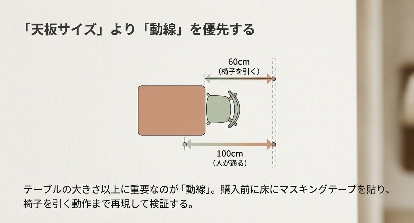 動線を優先する図解。椅子を引くスペース60cm、人が通るスペース100cmを示し、床にマスキングテープで再現して購入前に検証する提案。