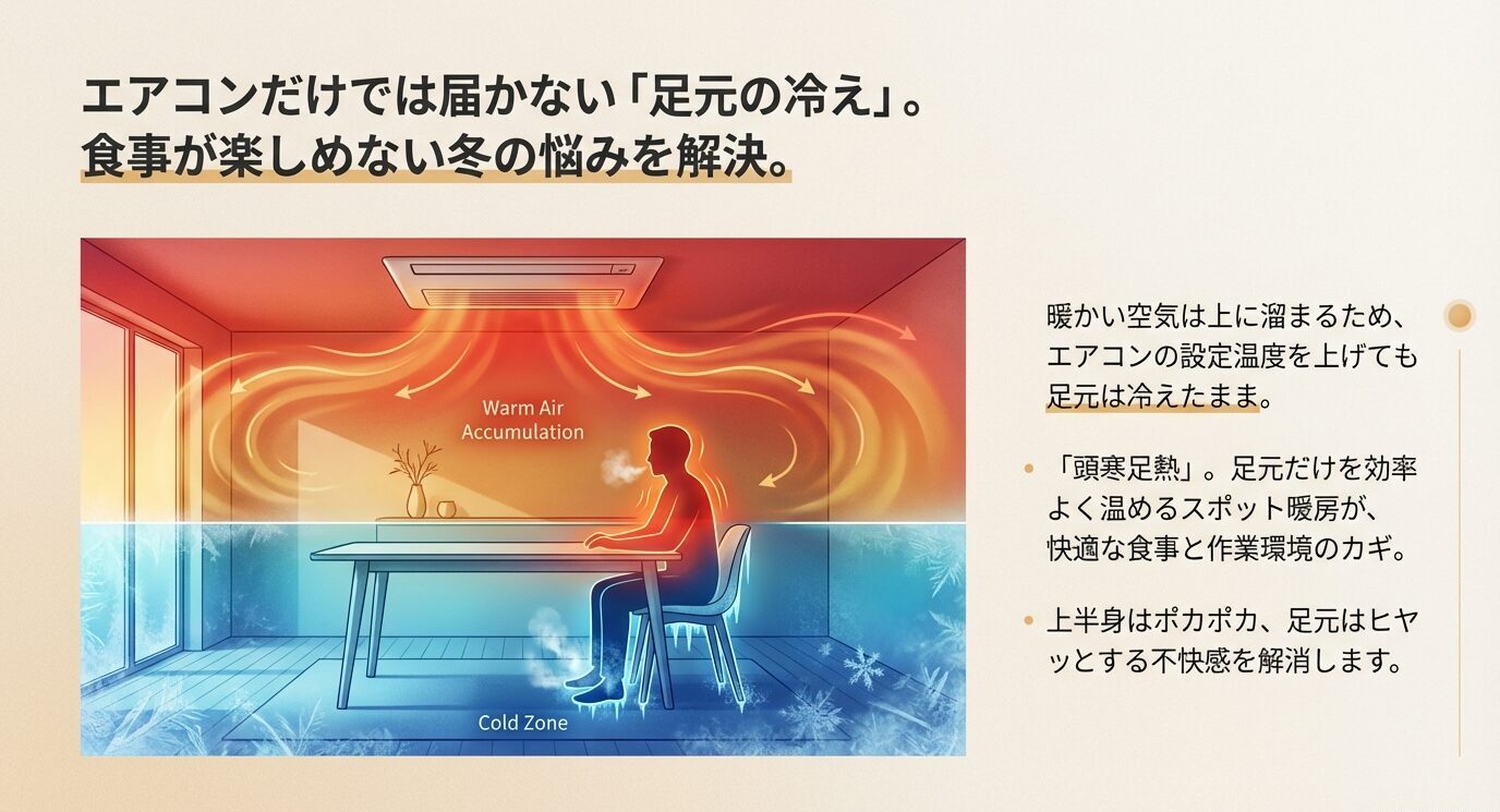 暖気が上に溜まり足元が冷える様子を示す図と、足元を効率よく温めるスポット暖房の説明