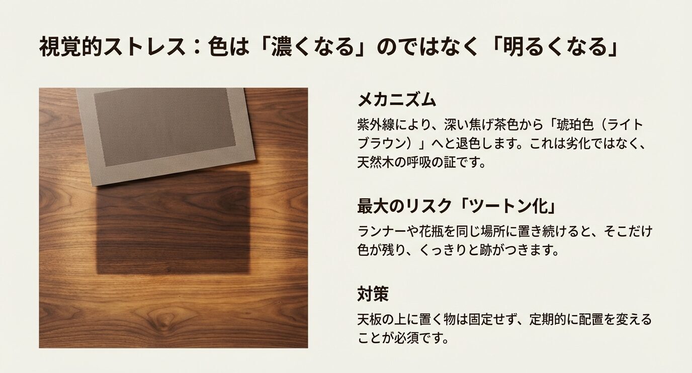 ウォールナット天板が日焼けで明るく退色し、置き物の影でツートン化する例。紫外線による変化の説明と「置く物を固定しない」「定期的に配置替え」が対策だと示す。
