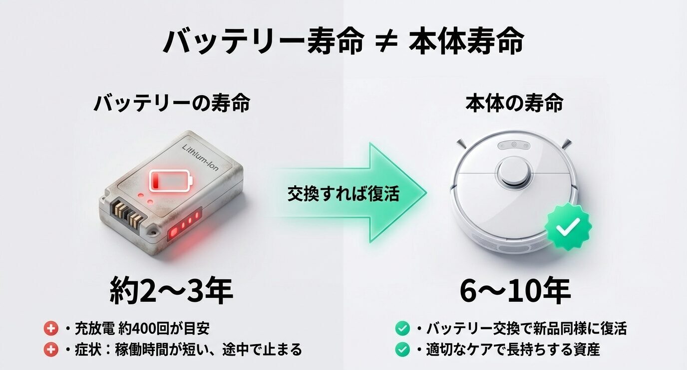 バッテリーは約2〜3年（充放電約400回が目安）で、稼働時間が短い・途中で止まるなどがサイン。本体はバッテリー交換で復活し、6〜10年使える可能性があることを対比している。
