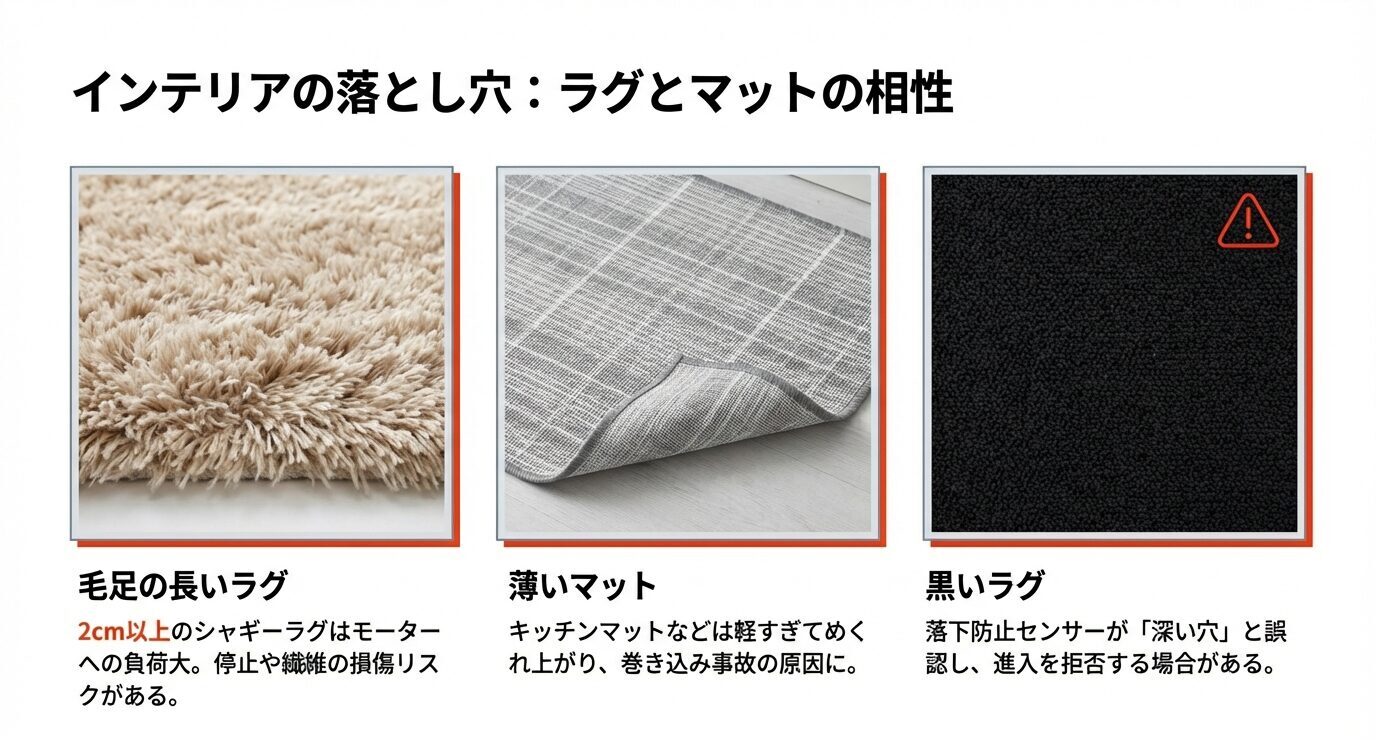 毛足の長いラグ・薄いマット・黒いラグが、絡まりやめくれ、落下防止センサーの誤認などで停止や未清掃の原因になる。